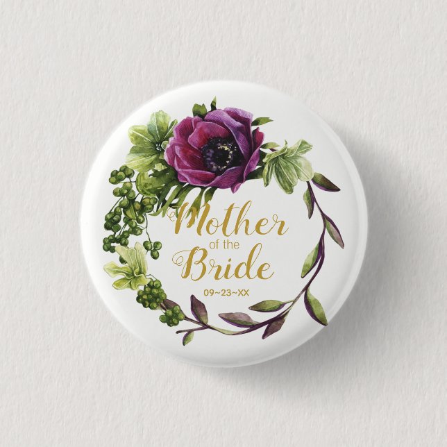 Purple Peony Wreath Mother of the Bride ID456 1 Inch Round Button (Front)