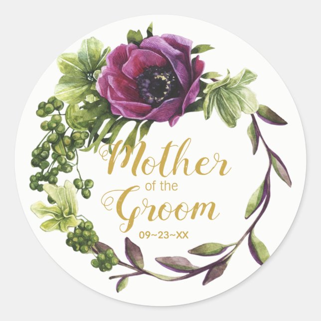 Purple Peony Wreath Mother of the Groom ID456 Classic Round Sticker (Front)