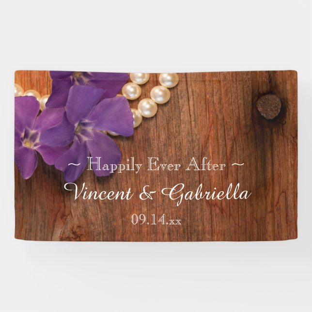 Purple Periwinkle, Pearls and Barn Wood Wedding Banner (Horizontal)