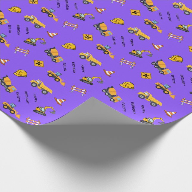 Purple Personalized Construction Birthday Wrapping Paper (Corner)