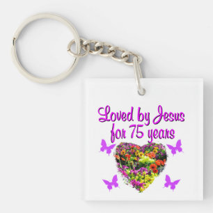 PURPLE PERSONALIZED FLORAL 75TH BIRTHDAY DESIGN KEYCHAIN