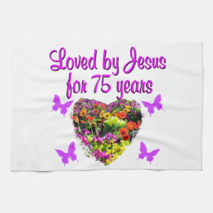 PURPLE PERSONALIZED FLORAL 75TH BIRTHDAY DESIGN KITCHEN TOWEL
