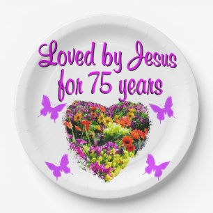 PURPLE PERSONALIZED FLORAL 75TH BIRTHDAY DESIGN PAPER PLATE