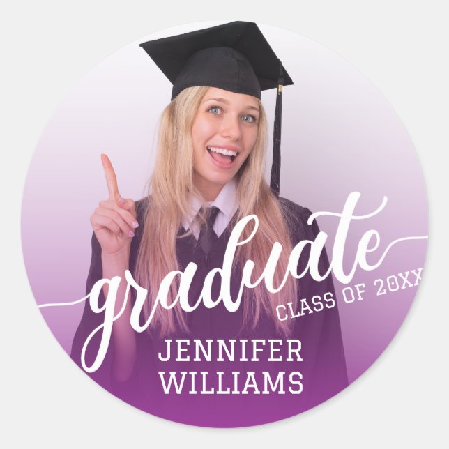 Purple | Personalized Graduation Photo Graduate Classic Round Sticker (Front)