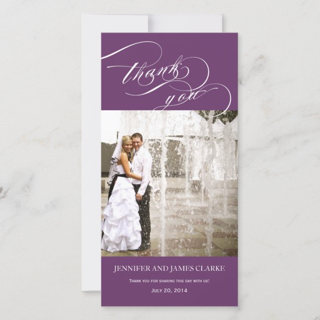 Purple Personalized Script Photo Wedding Thank You Card (Front)