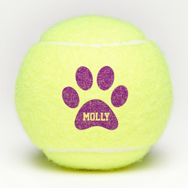 Purple Pet Paw Print Personalized Name Toy Tennis Balls (Front)