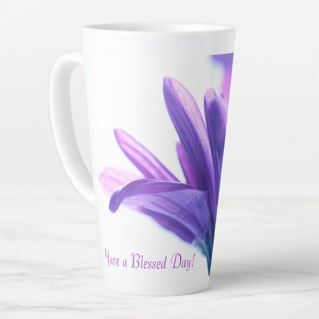 Purple Petals Blessed Day Latte Mug (Left Angle)