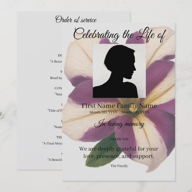 Purple petunia order of service invitation (Front/Back)