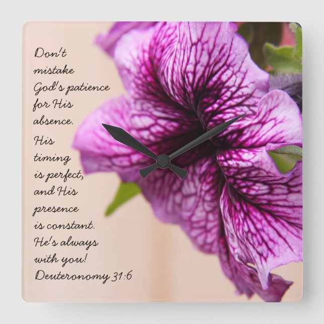 Purple Petunia, Scripture Quote from Deuteronomy Square Wall Clock (Front)