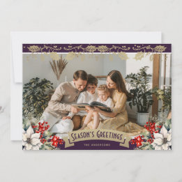 Purple Photo Holly Snowflakes Season's Greetings Holiday Card