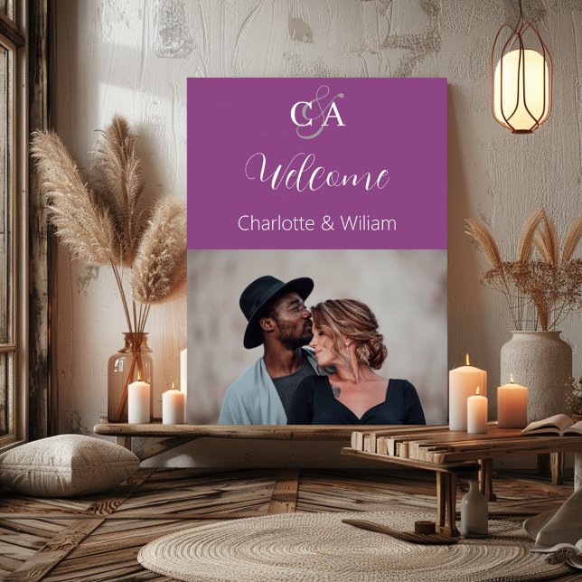 Purple photo monogram wedding welcome sign (Creator Uploaded)