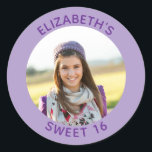 Purple Photo Sweet 16 Birthday Favour Classic Round Sticker<br><div class="desc">Create your own personalized purple border round framed photo favour stickers.
You can customize the solid background colour.
If you change the all caps style or font face,  you can change the curvature of the text in small increments if needed.
Have fun creating your own custom design.</div>