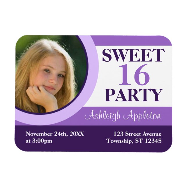 Purple Photo Sweet 16 Party Invitation Flat Magnet (Horizontal)
