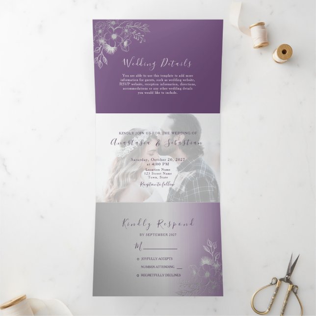Purple Photo Wedding Tri-Fold Invitation (Inside)