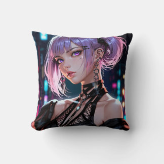Purple Pigtail Anime Girl Throw Pillow