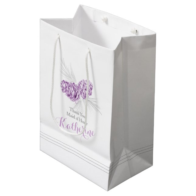 Purple pine cone drawing wedding favour gift bag (Front Angled)