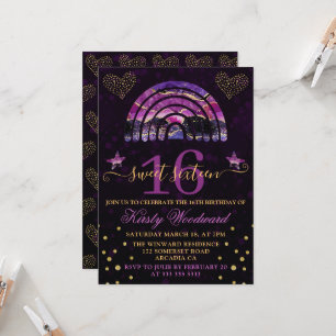 Purple & Pink Agate Rainbow & Hearts Sweet 16 Invitation