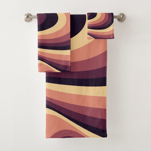 Purple, pink and beige abstract swirl design bath towel set (Insitu)