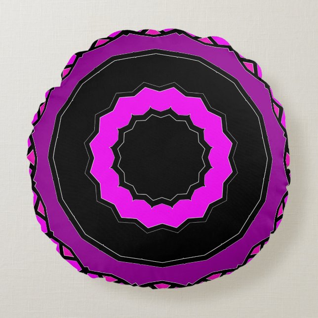 Purple Pink and Black Kaleidoscope Pattern Round Pillow (Front)