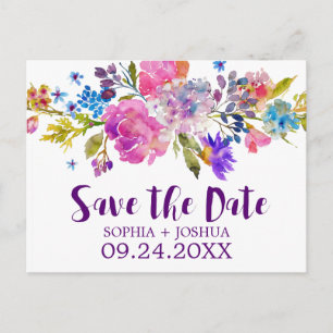 Purple Pink and Blue Flowers Wedding Save the Date Announcement Postcard