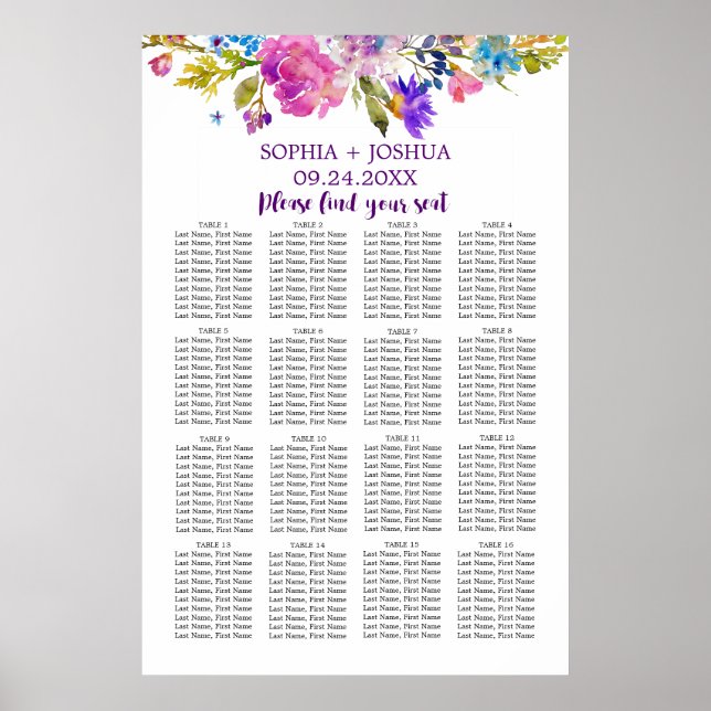 Purple Pink and Blue Flowers Wedding Seating Chart (Front)