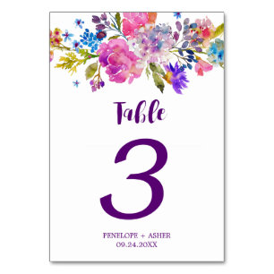 Purple Pink and Blue Flowers Wedding Table Number