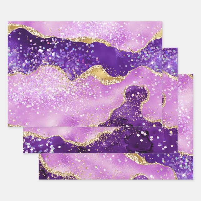 Purple & Pink and Faux Gold Glitter Wrapping Paper Sheet (Set)