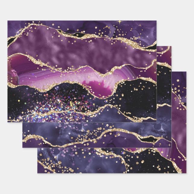 Purple & Pink and Gold Faux Glitter Agate Wrapping Paper Sheet (Set)