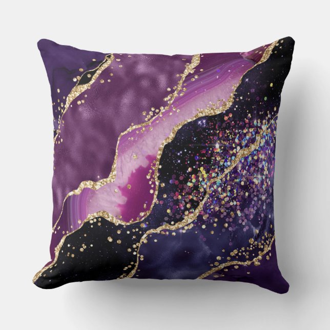 Purple, Pink and Gold Glitter Agate Pattern Throw Pillow (Front)
