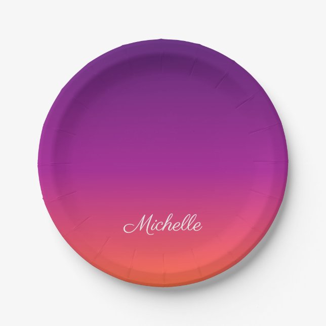 Purple, pink and orange gradient ombre paper plate (Front)