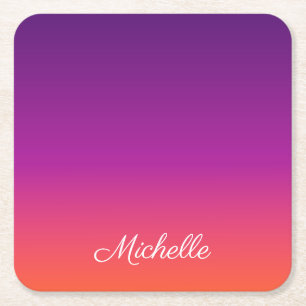 Purple, pink and orange gradient ombre square paper coaster