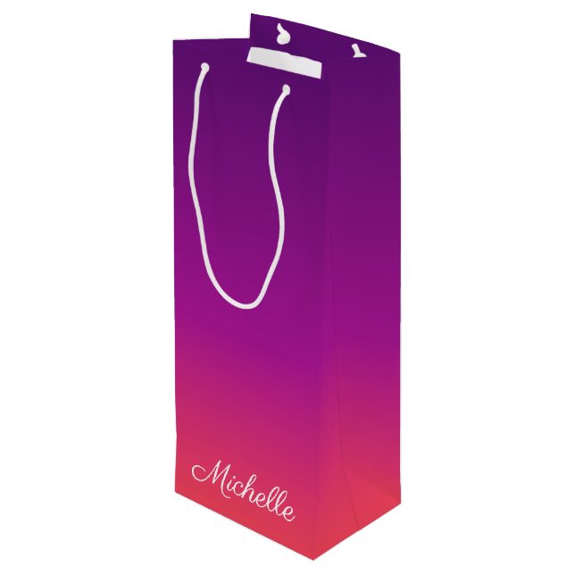 Purple, pink and orange gradient ombre wine gift bag (Back Angled)