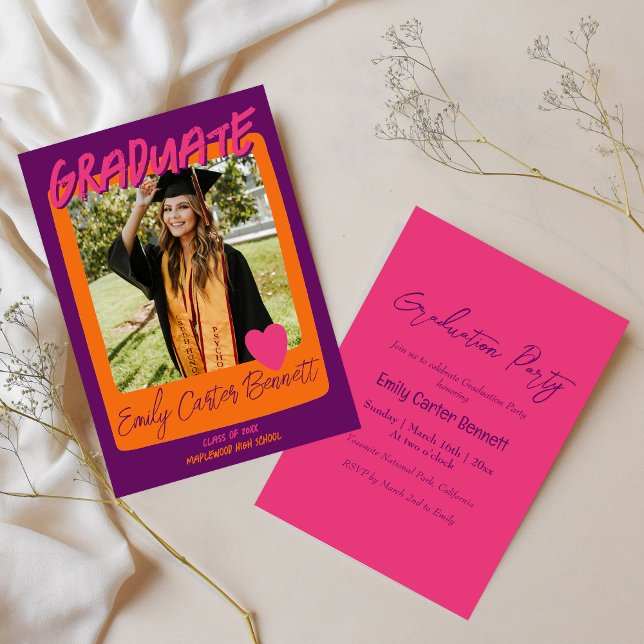 Purple Pink and Orange Photo Graduation Party Invitation (Creator Uploaded)