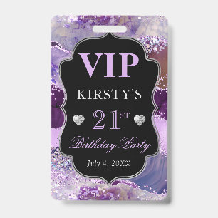 Purple, Pink and Silver Glitter Agate Birthday VIP Badge