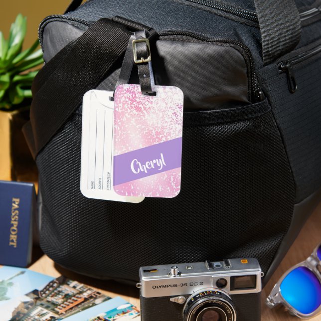 Purple, pink and white ombre glitter luggage tag (Front & Back)