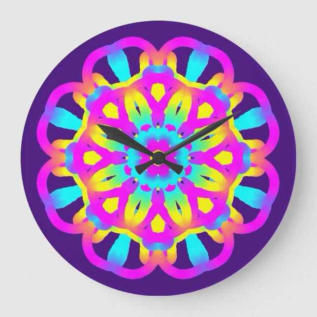 Purple, Pink and Yellow Tie Dye Large Clock (Front)