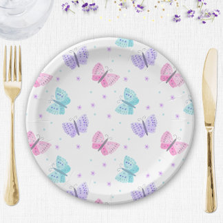 Purple Pink Aqua Butterflies Baby Shower Paper Plate