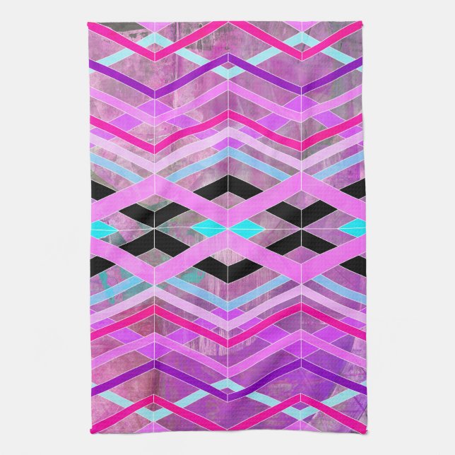Purple Pink & Aqua Geometric Crossing Stripes Kitchen Towel (Vertical)