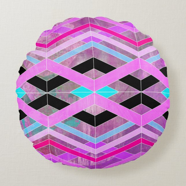 Purple Pink & Aqua Geometric Crossing Stripes Round Pillow (Front)