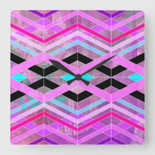 Purple Pink & Aqua Geometric Crossing Stripes Square Wall Clock