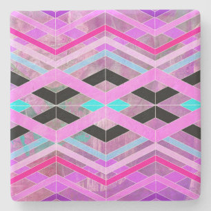 Purple Pink & Aqua Geometric Crossing Stripes Stone Coaster