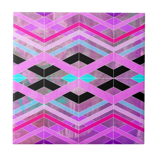 Purple Pink & Aqua Geometric Crossing Stripes Tile (Front)