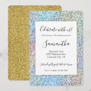 Purple Pink Aqua Gold Unicorn Glitter Birthday Invitation