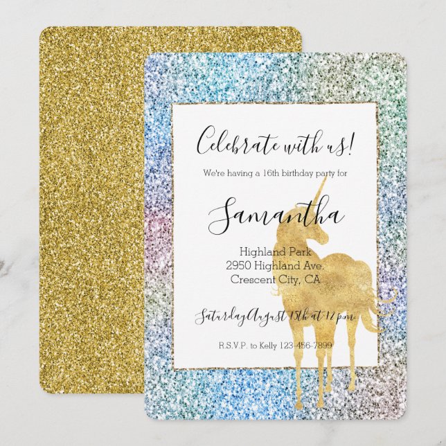 Purple Pink Aqua Gold Unicorn Glitter      Invitation (Front/Back)