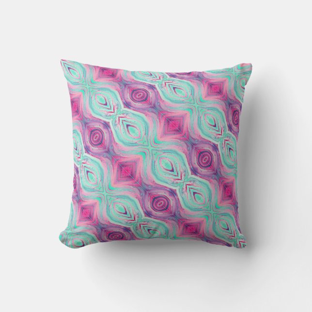 Purple Pink Aqua Pattern Reversible Boho Throw Pillow (Front)