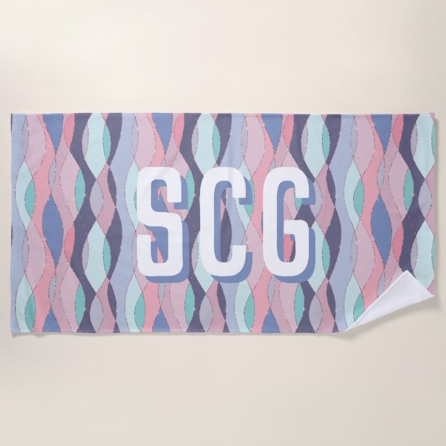 Purple Pink Aqua Wavy Oversized Initials Monogram Beach Towel (Front)