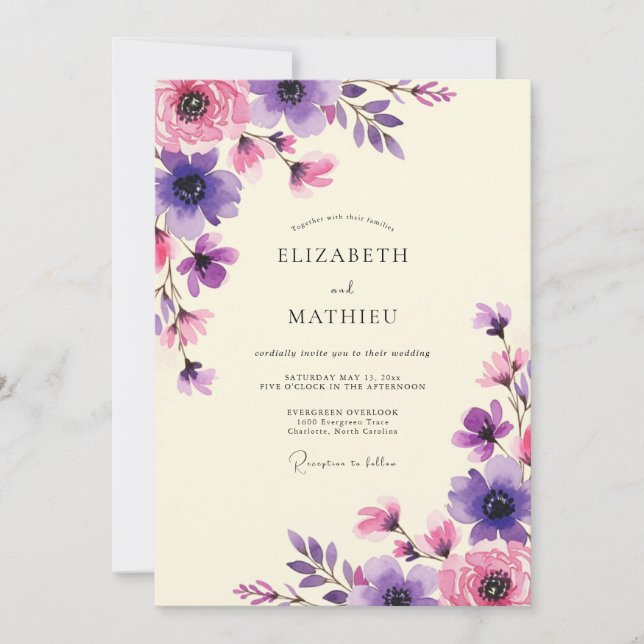 Purple Pink Artistic Bloom Wedding Invitation (Front)