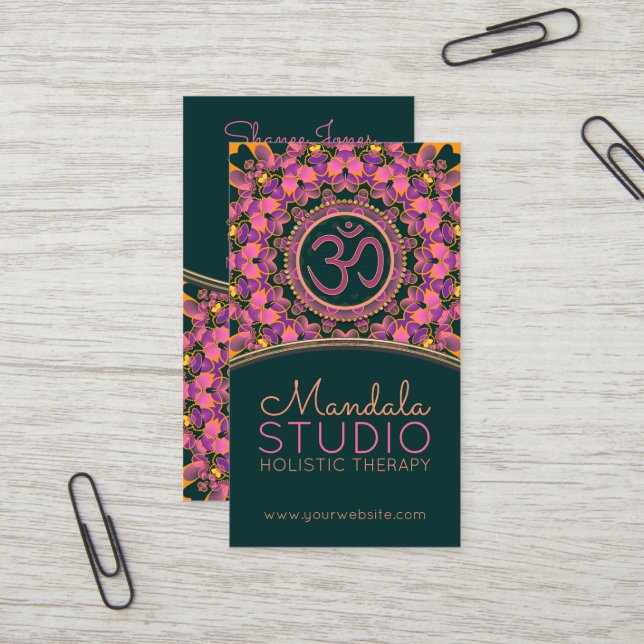 Purple Pink Aum Mandala OM Yoga Business Cards (Front/Back In Situ)
