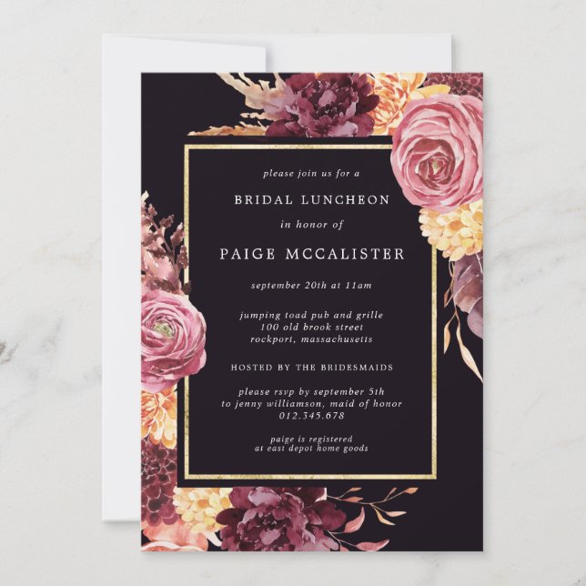 Purple Pink Autumn Floral Bridal Luncheon Invitation (Front)