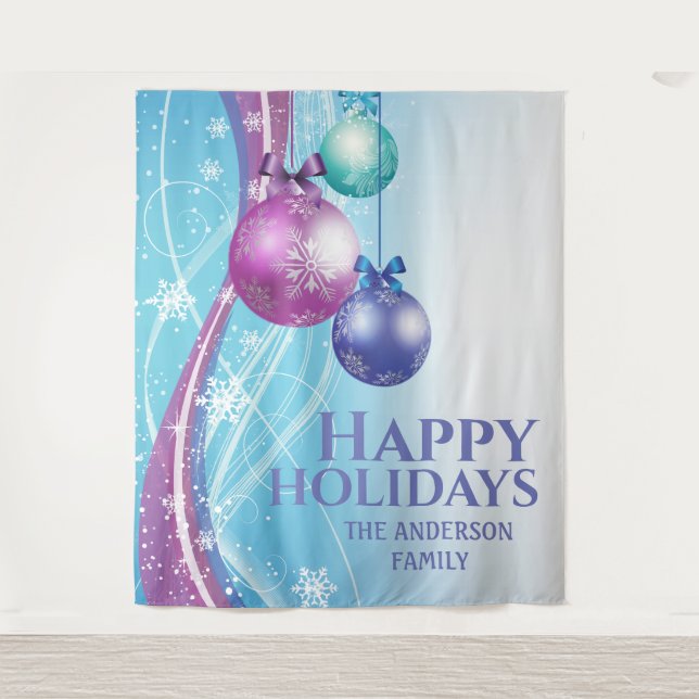Purple pink balls snowflake Christmas greeting  Tapestry (Front)